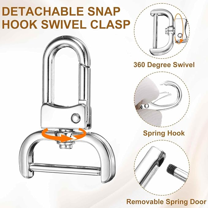 HARFINGTON 4pcs Detachable Snap Hook Swivel Clasp 1" (25mm) Zinc Alloy Lobster Claw Clasp with 4pcs D-Rings Screw in Shackle for Keychain Lanyard Purse DIY Purse Strap, Silver