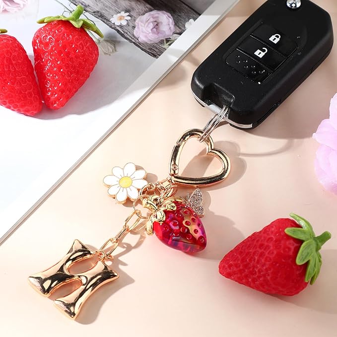 Strawberry Initial Keychain for Women-Cute Kawaii Gold Alphabet Bag Charms, Key chain Gift for Purse Handbag