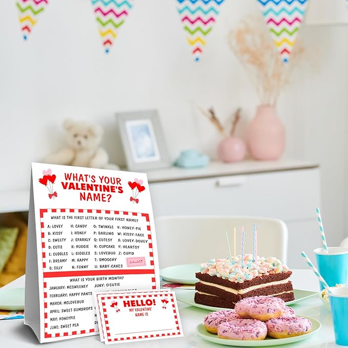 What's Your Valentine Name Game Set,Valentine's Day Party Games for Couples and Friends, Romantic Party Decorations,1 Double Sided Valentine Game Sign and 30 Stickers,5x7 Inch