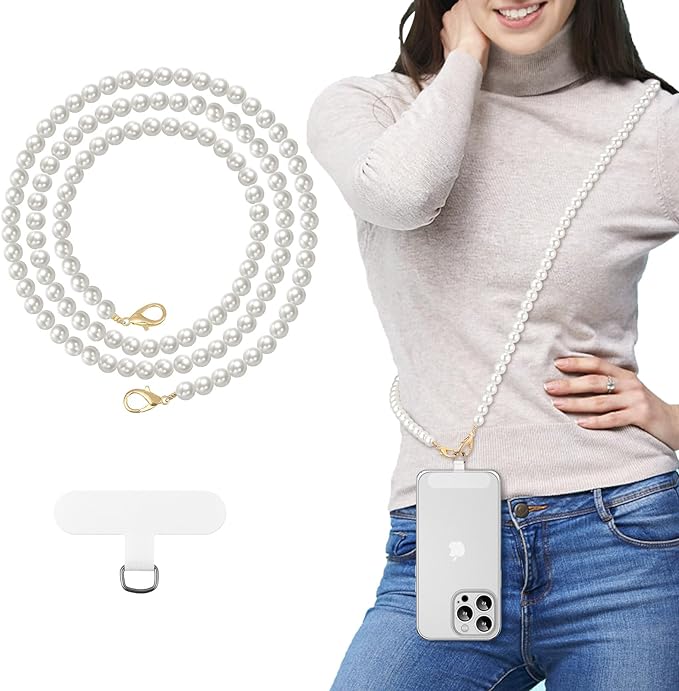MoKo Universal Phone Lanyard, Pearl Beaded Cell Phone Chain Crossbody Strap Anti-Theft Detachable Women Cellphone Lanyards Around The Neck with Patches for iPhone, Most Smartphones - White