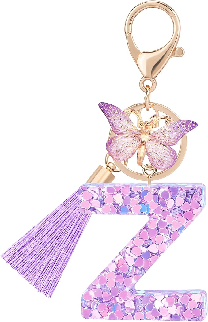 Initial letter Keychains for Women Girls Tassel Butterfly Cute Keychain for Wallet Backpack charm