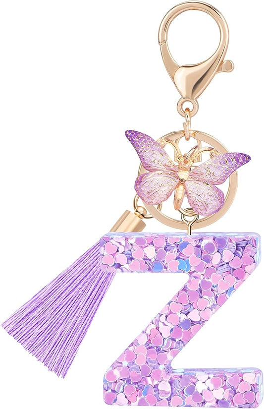 Initial letter Keychains for Women Girls Tassel Butterfly Cute Keychain for Wallet Backpack charm