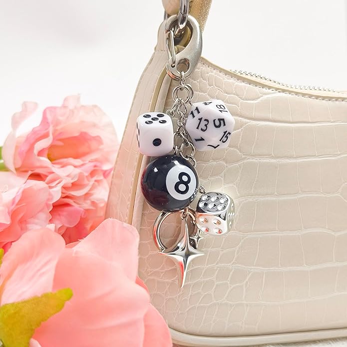 Y2K Keychain for Women, 8 Ball Dice Charm with Carabiner Clip - Cute Goth Core Keychain Bag Charm for Keys Bags Jeans