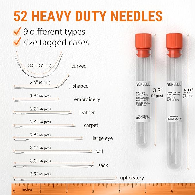 VONEEDL Heavy Duty Hand Sewing Needles Set - 52 Straight and Curved Hand Sewing Needles for Upholstery, Leather, Carpet, Canvas Repair and Sail Crafts