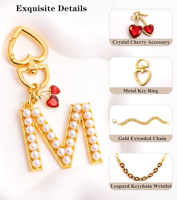 Pearl Initial Keychain with Leopard Bag Charms Wallet Chain Women Cute Alphabet Keychains Charm for Purse Handbag