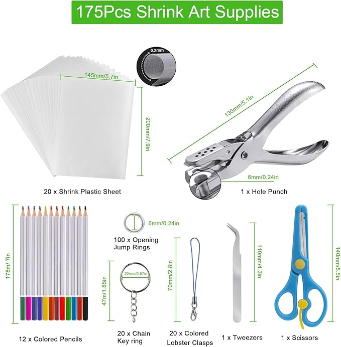 chfine Shrink Plastic Art Keychain kit, 175 Pcs Heat Shrinky Art Crafts Kit Including 20Pcs Shrinky Art Film Papers, 155 Accessories for Adults Creative Craft DIY Activity Ornaments Keychains