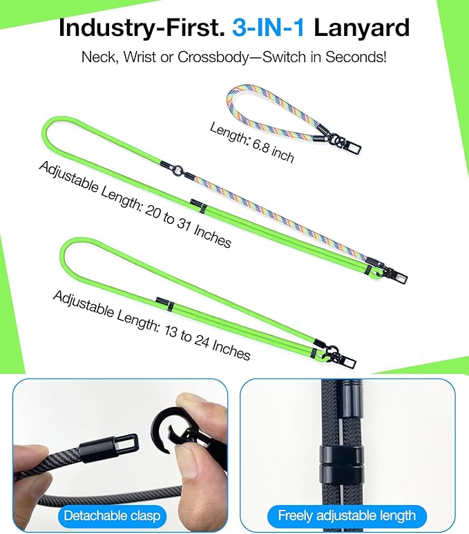 Phone Lanyard Crossbody, 3-in-1 Neck Strap& Wrist Strap, Adjustable Anti-Theft Lanyard with 2 Phone Tether Tabs, Universal Cell Phone Strap for iphone 17 pro max,Travel Essential,Green