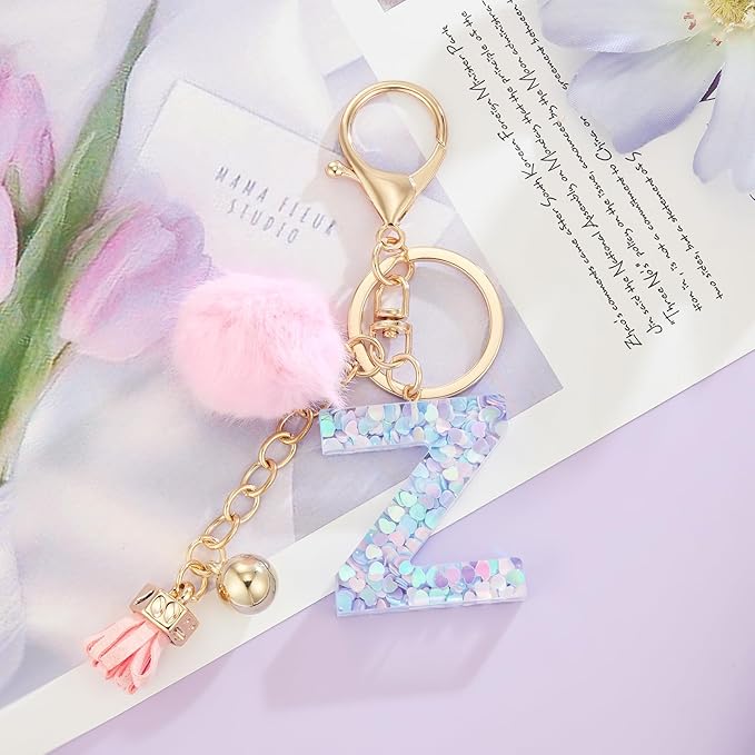 Resin Alphabet Initial Letter Keychain Keyring for Women Purse Handbags With Fur Ball Pom
