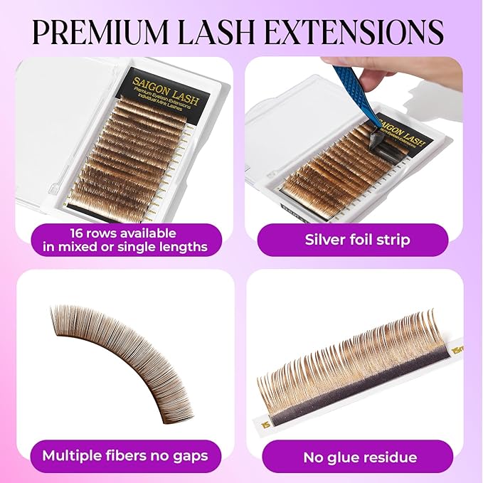 SAIGON LASH Eyelash Extensions, Mink Lash, Volume & Classic Lashes for Professionals, J/B/C/CC/D/L/M Curl, 4-15mm Length, Soft Korean PBT Fiber, 16 Rows Lash Tray (Gold Rose-CC-0.07-8-15mm)