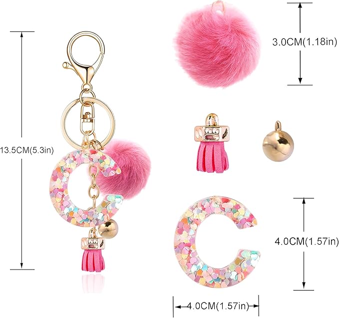 Resin Alphabet Initial Letter Keychain Keyring for Women Purse Handbags With Fur Ball Pom
