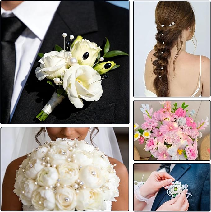 420pcs Boutonniere Corsage Pins 5 Styles Flower Pins Pearl Teardrop Crystal Head Black and White Wedding Bouquet Pins for DIY Craft Wedding Floral Decorations