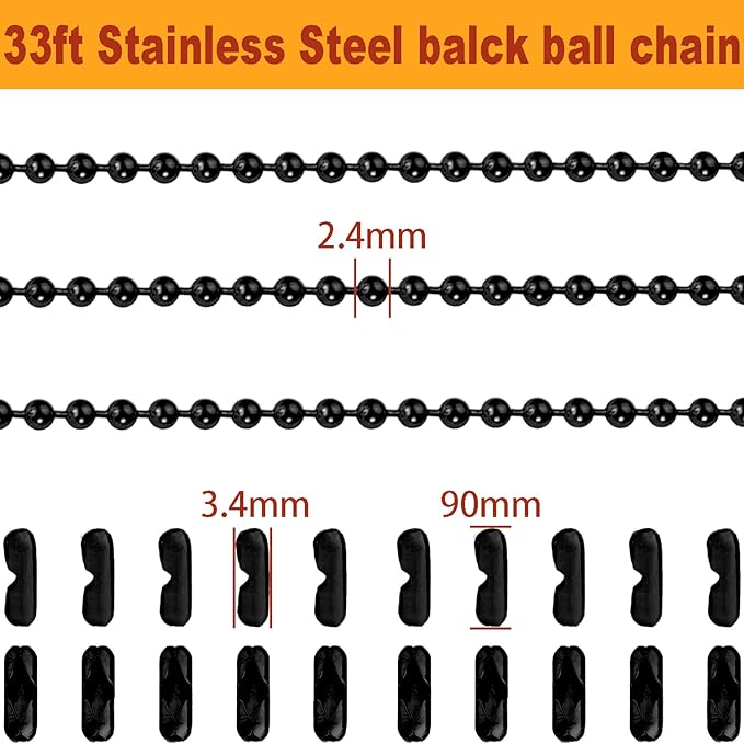 Jishi Steel Ball Chain Bead Dog Tag Chain Beaded Necklace Chains for Jewelry Making Bracelet Military Crafts, Silver Metal Pull Chain Small Ball Bead Chain Roll w/20 Connectors (Black, 33ft 2.4mm)