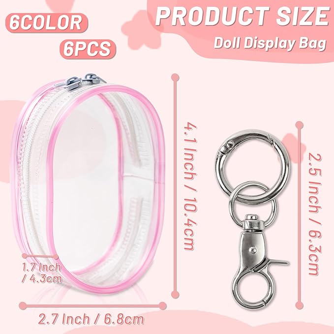 6 Pcs Clear Figure Display Bag with Keychain, Zipper Clear Display Case, Mini Doll Pouch for Figures Collectibles