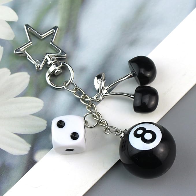 Lucky Dice Cherry Magic 8 Ball Keychain Billiard Ball Star Cherry Bags Charms Cute Y2k Keychain for Women Men