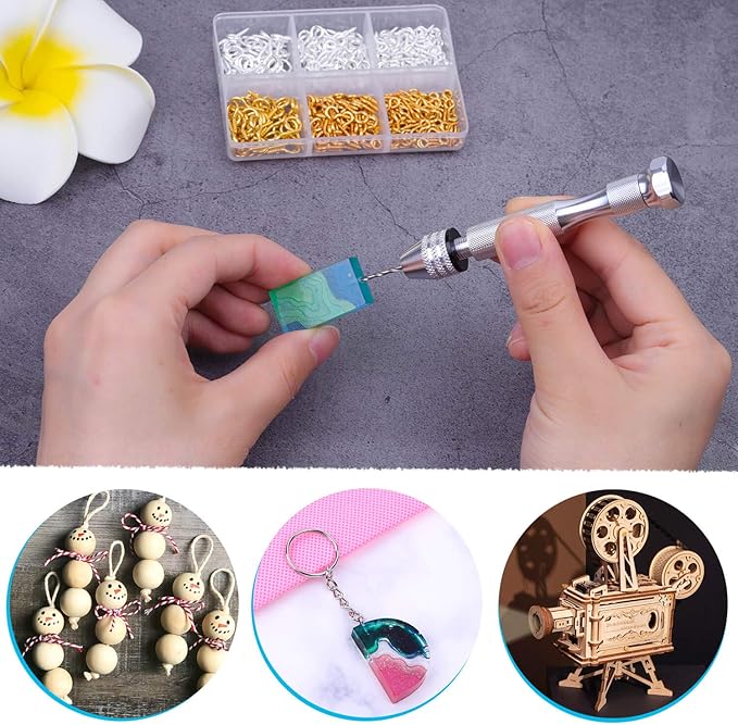 Pin Vise for Resin Casting Molds, Shynek Hand Drill for Jewelry Making Resin Tools Includes 1Pcs Push Hand Drill 10Pcs Drill Bits 480Pcs Eye Screws for DIY Keychain (Gold+silver)