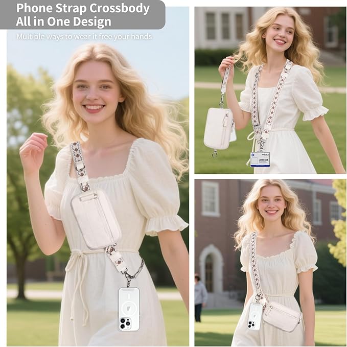 Clip and Go Strap for Phone with Wallet Crossbody Phone Lanyard with Anti-Theft Zipper Pouch Detachable Quilted Wrist Wallet with RFID and ID Window for Daily Travel. Apricot Large