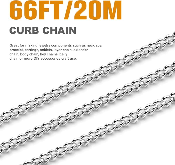 66 Feet Stainless Steel Curb Chains Roll, 1.5 mm 304 Stainless Steel Flat Twisted Links Chains Bulk Spool for Jewelry Making DIY Craft