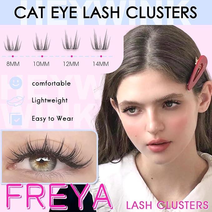 Freya Lash Clusters Kit Short 8-14mm Wispy Eyelash Clusters DIY Eyelash Extension Kit Spiky Cat Eye Lashes Individual Fake Eyelashes Clusters with 0.05mm Thin Invisible Lash Band(Freya Short Kit)