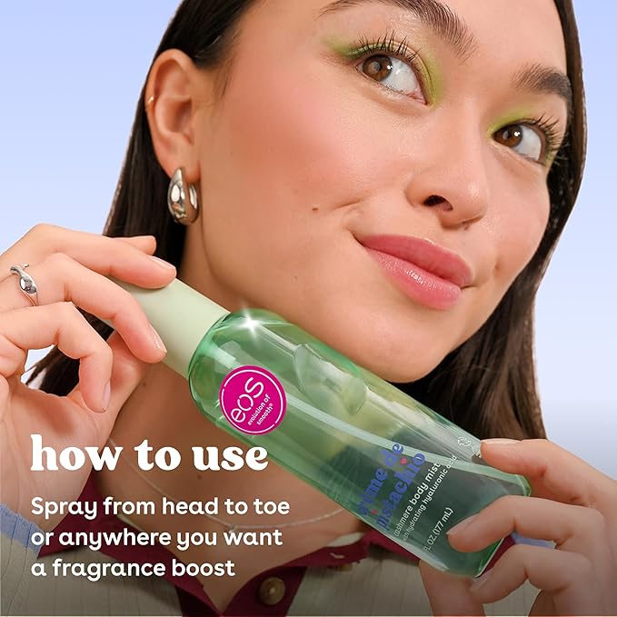 eos Cashmere Body Mist, Crème de Pistachio, Body Spray for Women, Pistachio Perfume, Hair Mist, Moisturizing, Hyaluronic Acid, Glycerin, Vegan, Cruelty-free, 6 fl oz