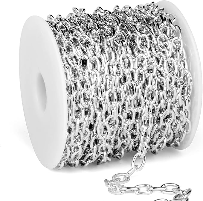 33 Feet Silver Rolo Cable Chains Roll, 5 MM Silver Plated Aluminium Oval Cable O Links Chain Bulk Spool for Jewelry Making DIY Craft
