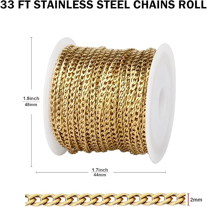 [33FT] 18K Gold PVD Plated Curb Chains for Jewelry Making, 2mm Wide 304 Stainless Steel Cuban Link Chain Roll Bulk for DIY Jewelry Making Craft