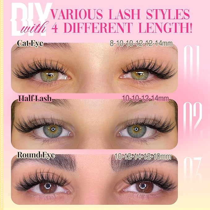 Yawamica Wispy Lash Clusters Kit DIY Lash Extension Kit 8-14mm Eyelash Clusters Natural Cluster Eyelash Extensions D Curly Individual Lashes 144 Clusters Lashes with Waterproof Bond and Seal Tweezers