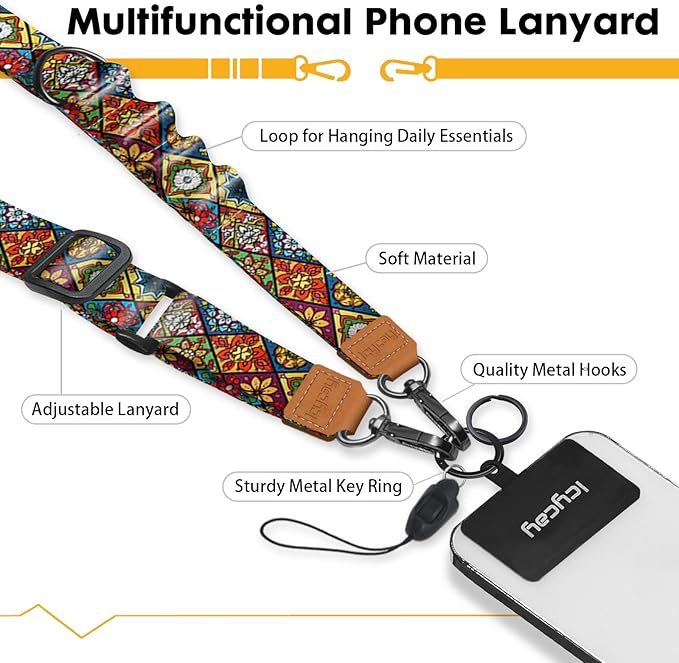 Phone Lanyard Crossbody, Boho Cell Phone Lanyard for Around The Neck Adjustable Phone Strap, Anti Theft Cute Lanyard for iPhone Case ID Holder Keys Phone Accessories Travel Essential