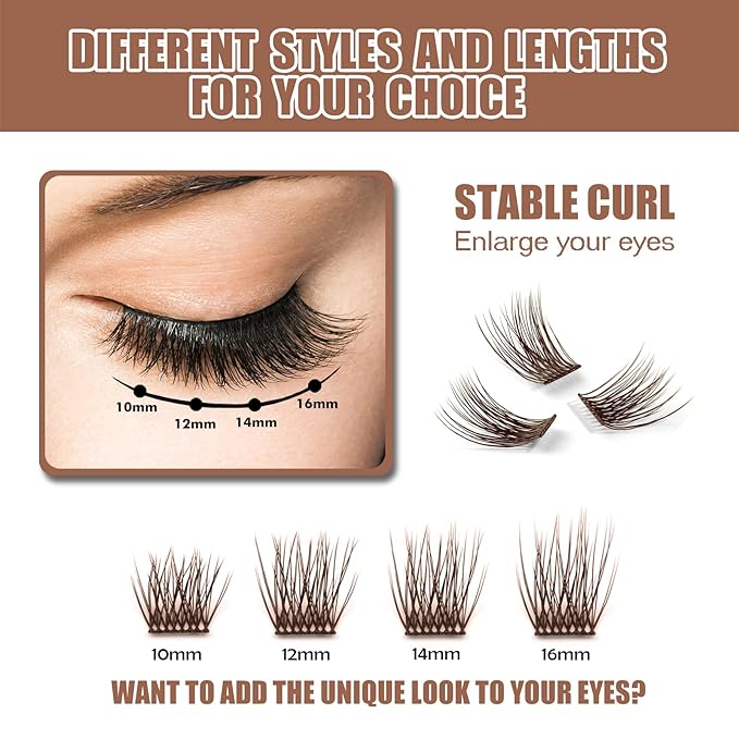 DIY Eyelash Extension, 3D Effect Individual Melt Flare Lash Cluster Natural Lashes Set, Home Eyelash Extension, Lashes Pack (16MM-Amber)