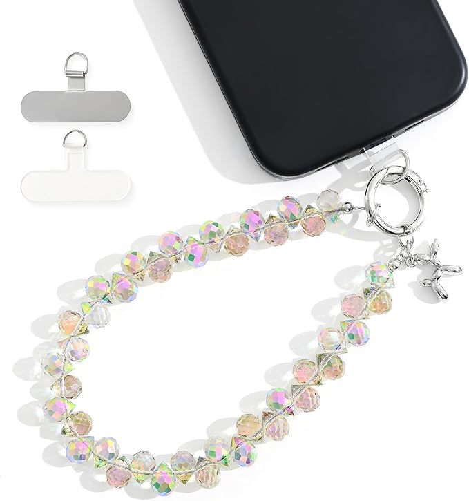 Crystal Phone Wrist Strap Phone Charm Chain Keychain Beaded Cellphone Lanyard with Tether Tab Hands-Free Wristlet Bracelet Wrist Grip Strap for Women, D-Crystal AB