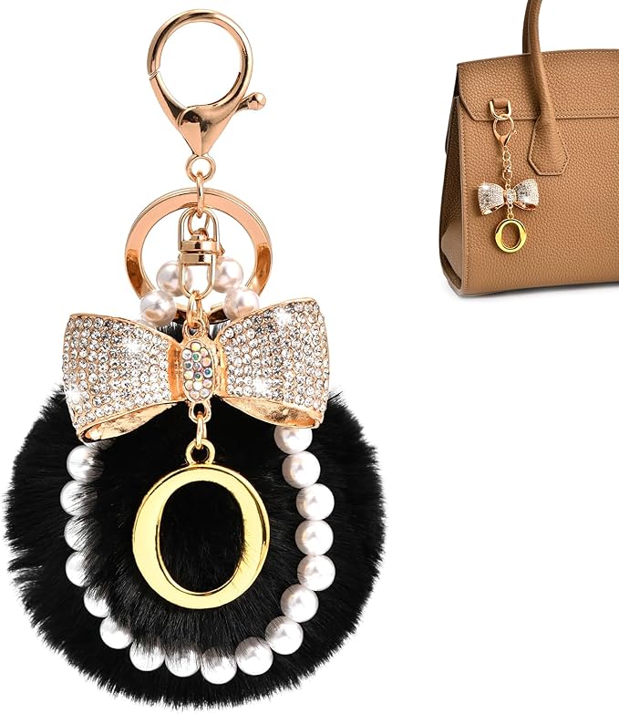 Gold Initial Keychain with Rhinestone Bow & Black Pom Pom, Cute Letter Bag Charm for Women Purse and Car Keys