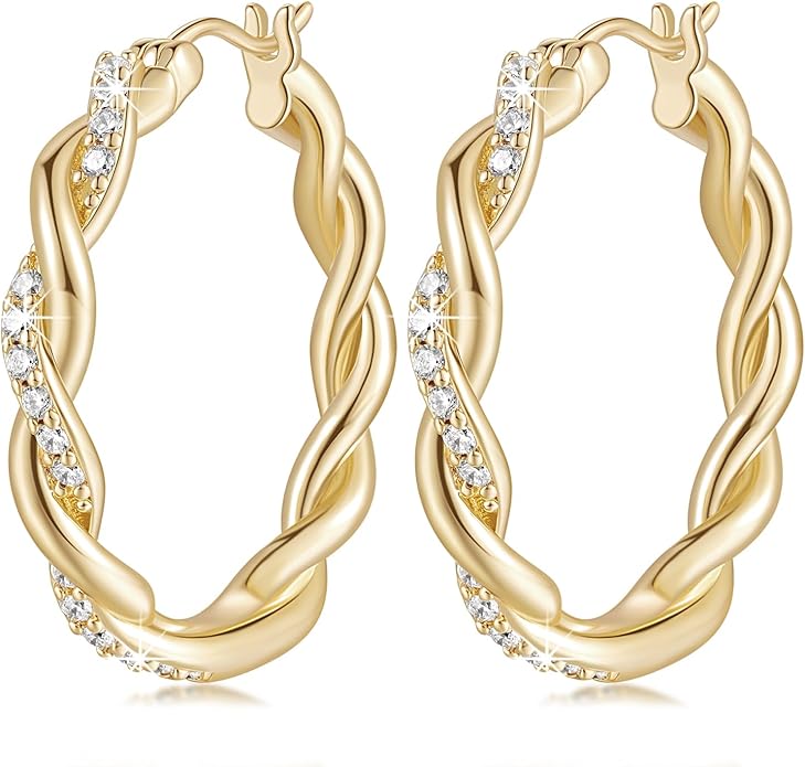 ENROSE Gold Plated Hoop Earrings 14K Gold Plated Earring for Women Twisted Large Hoop Earrings Minimalist Diamond Earring Jewelry 29mm*4mm