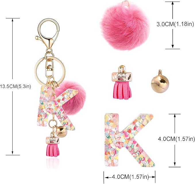 Resin Alphabet Initial Letter Keychain Keyring for Women Purse Handbags With Fur Ball Pom
