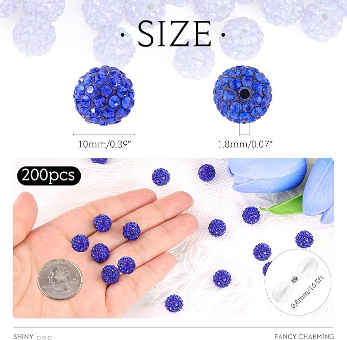 200 Pcs Dark Blue Rhinestone Beads for Jewelry Making, Sparkle Crystal Clay Christmas for Bracelet Baseball Necklace Earring Crafting and DIY, Shiny Round Shamballa Disco Ball Beads Bulk