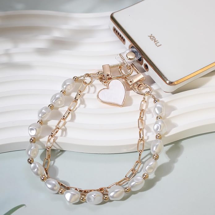 Pearl Beaded Phone Charm Wrist Strap,Cute Bracelet Wristlet Lanyard,Gold Double Chain for Phone Case,Purse Bag Wallet