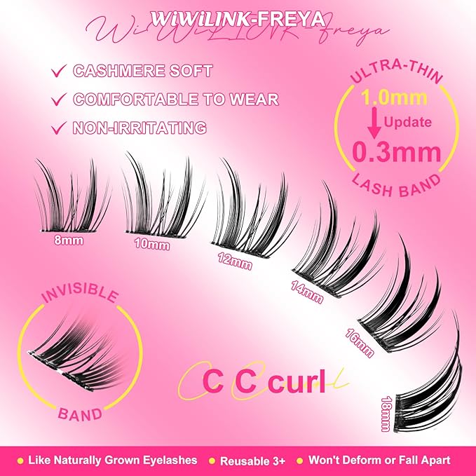 WiWiLINK Wispy Lash Clusters 8-14mm Spike Eyelash Clusters D Curl DIY Lash Extension with Spikes 0.03mm -Invisible Band Natural Individual Cluster Eyelashes, Freya Short