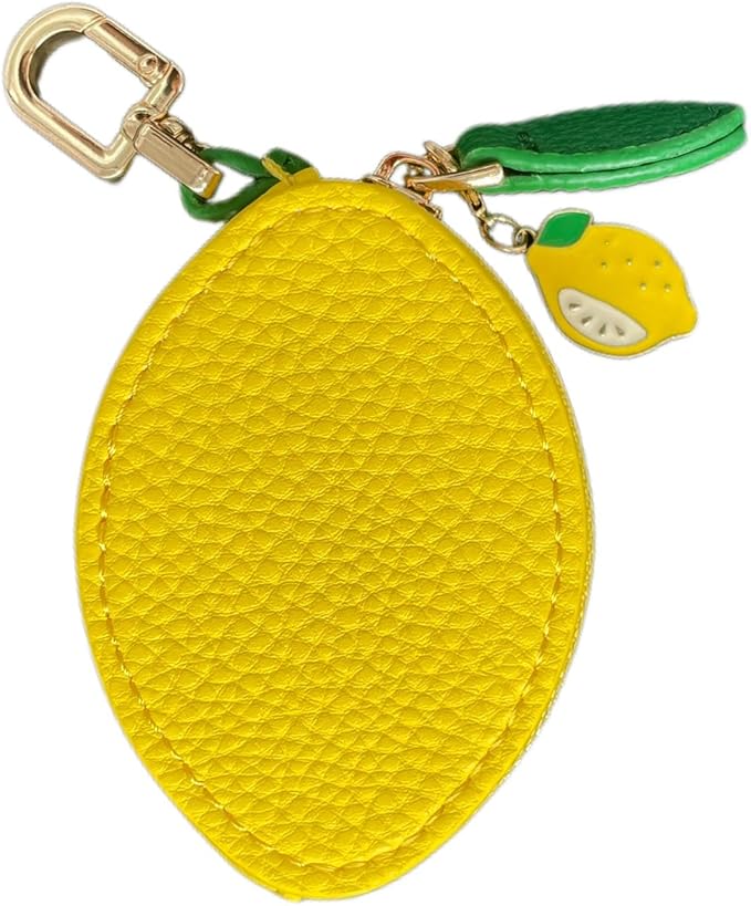 Cute Lemon Fruit Coin Purse Keychain – Mini PU Leather Zipper Pouch Bag Charm with Leaf Accent & Pendant, Kawaii Y2K Purse Charm for Backpack, Handbag & AirTag Holder for Women & Girls