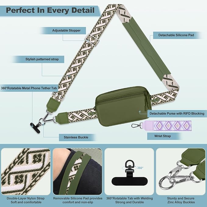 Clip and Go Strap for Phone with Wallet Crossbody, Adjustable Phone Lanyard with Detachable RFID Wristlet Wallet, Pattern Strap - Olive Green(L)