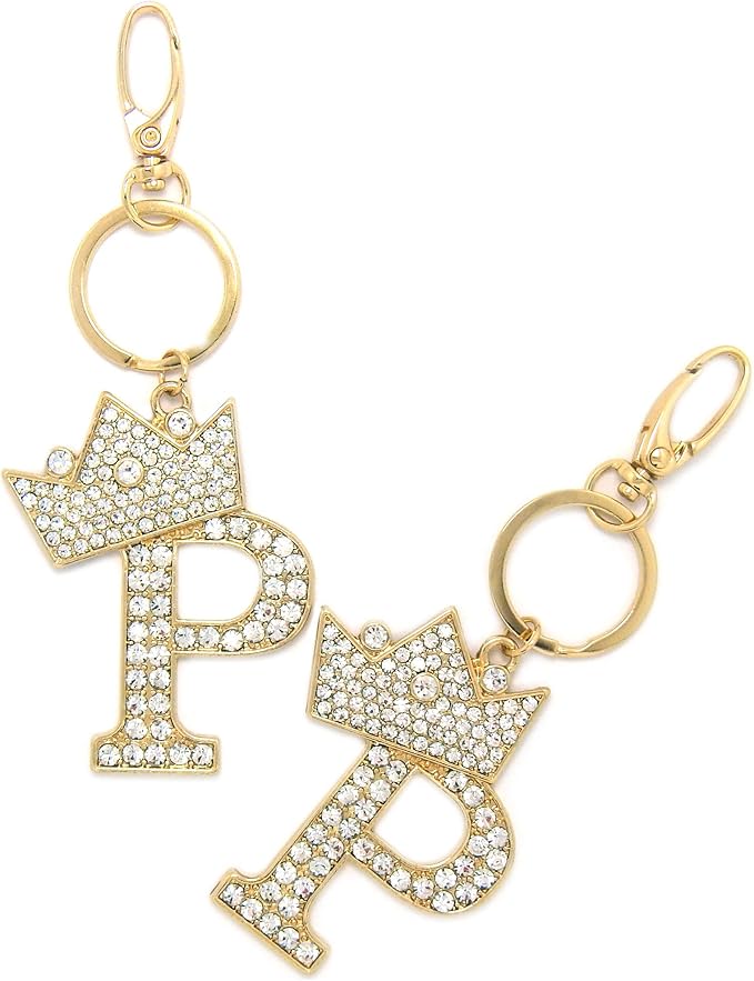 CBC Crown Crystal Rhinestone Letter Initial Keychain, Gold Metal, Bag Charm with Key Ring Approx. 2.17" x 2.56"