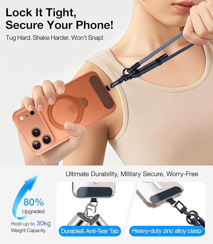 Phone Lanyard Crossbody, 3-in-1 Neck Strap& Wrist Strap, Adjustable Anti-Theft Lanyard with 2 Phone Tether Tabs, Universal Cell Phone Strap for iPhone 17 Pro Max, Travel Essential,Grey
