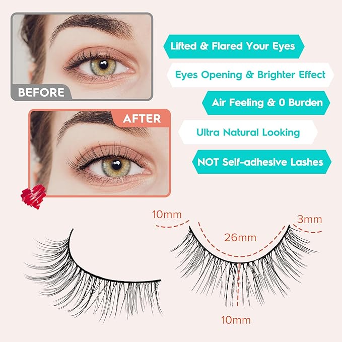 Natural Lashes Eyelashes Wispy Cat Eye Lashes with Thin Band 10mm Lash Strips Siligli Eyelashes 3D Volume Lash C Curl Natural Eyelash Pack 7 Pair