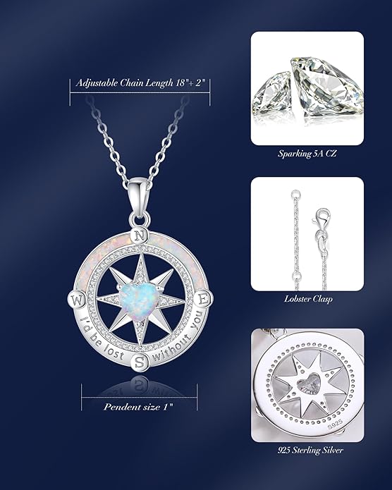 FANCIME Compass Necklace for Women Sterling Silver Compass Jewelry Opal Pendant Fine Jewelry Gemstone Birthday Christmas Gifts for Wife