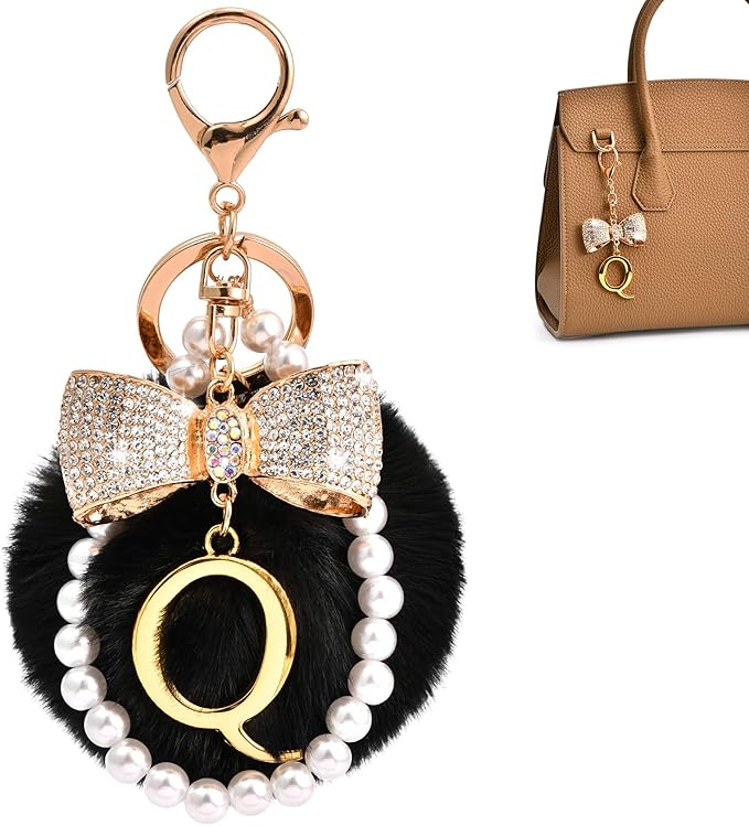 Gold Initial Keychain with Rhinestone Bow & Black Pom Pom, Cute Letter Bag Charm for Women Purse and Car Keys
