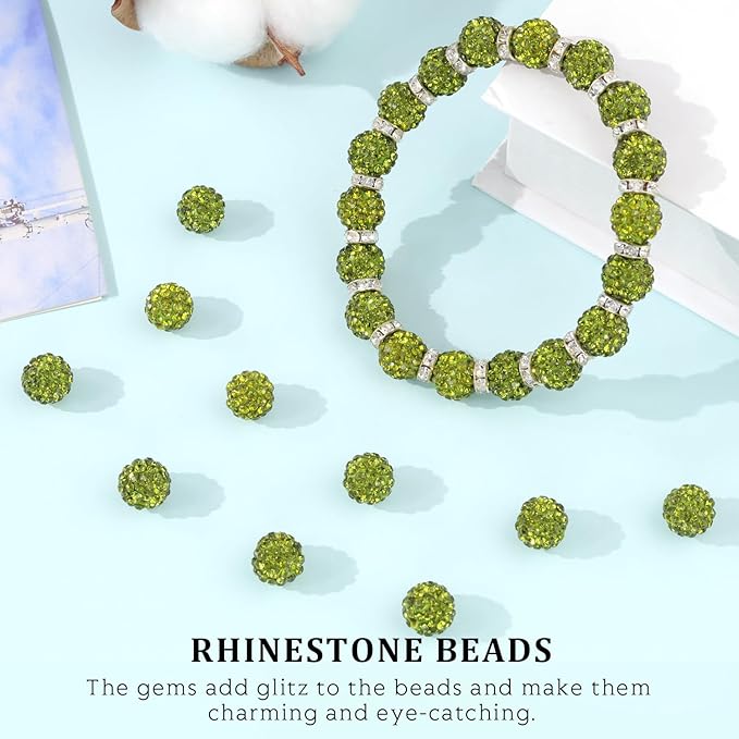 120pcs 10mm Rhinestone Beads for Jewelry Making, Olivine Shiny Round Shamballa Disco Ball Beads Bulk, Sparkle Crystal Clay Christmas for Bracelet Baseball Necklace Earring Crafting and DIY