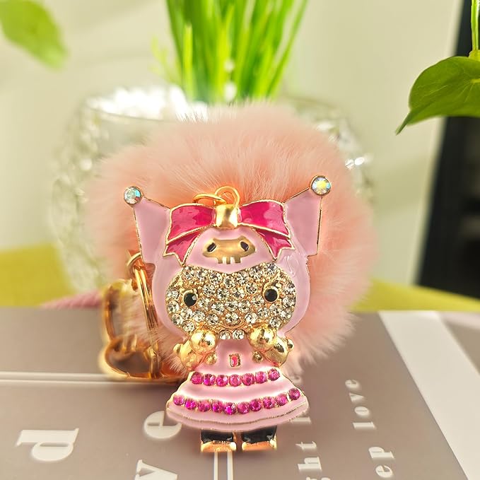 Cute Keychain for Women with Braided Rope, PomPom and Sparkling Rhinestones - Kawaii Charm for Kinds of Bags