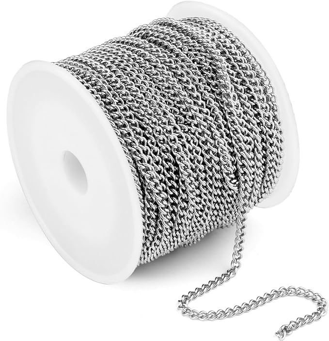 33FT Stainless Steel Curb Chain Roll, 4mm 304 Stainless Steel Flat Twisted Links Curb Chains Bulk Spool for Jewelry Making Necklace DIY Craft
