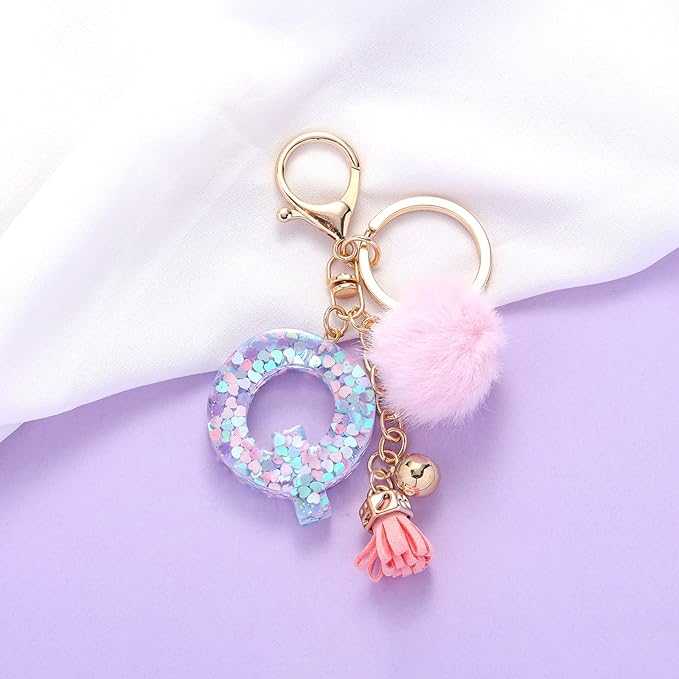 Resin Alphabet Initial Letter Keychain Keyring for Women Purse Handbags With Fur Ball Pom