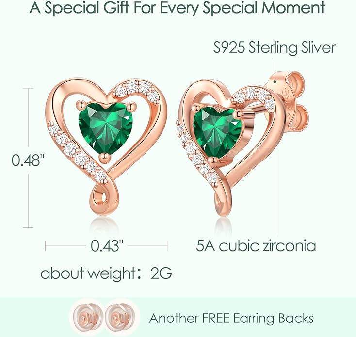 Zifeel Earrings for Women, S925 Sterling Silver Rose Gold Birthstone Heart Studs Earring for Girlfriend Wife, Anniversary Birthday Christmas Valentines Mothers Day Gifts Jewelry for Women Wife Her Mom