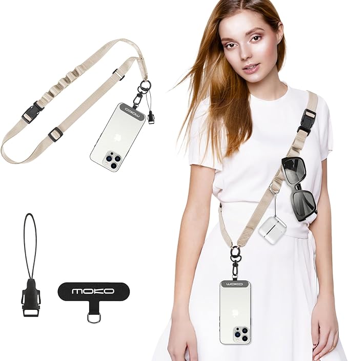 MoKo Universal Phone Lanyard, Nylon Adjustable Cell Phone Crossbody Strap Detachable Women & Men Cellphone Lanyards Around the Neck with Patches for iPhone, Most Smartphones, Light Khaki