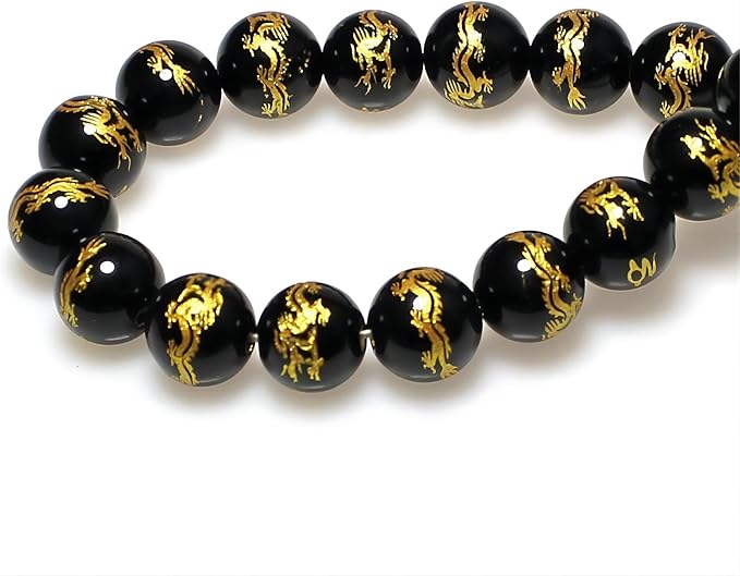 MJDCB Natural Stone Beads 14mm 25pcs Round Black Onyx Carved Dragon Loose Gemstone Bead Charms for Jewelry Making Bracelet Necklace Earring Pendant