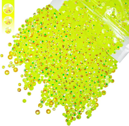 Neon Yellow AB Resin Rhinestones for Crafting 3mm 4mm 5mm Mix Fluorescent Yellow Flatback Jelly Stones Bulk SS10 SS16 SS20 Diamonds Gems for Nails Face Eyes Makeup Tumblers Bottles DIY Crafts